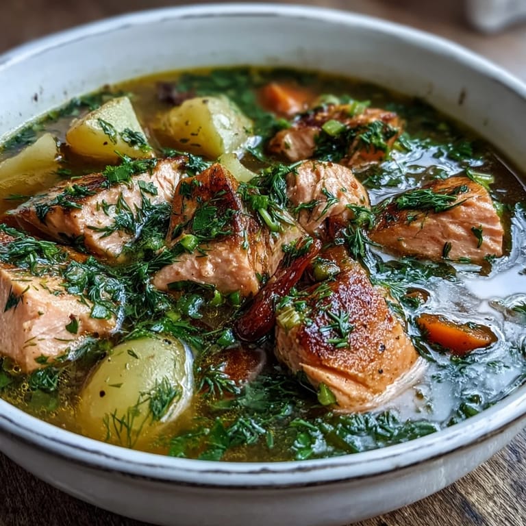 Finnish Salmon Soup simmering with potatoes, carrots, and leeks, finished with a swirl of cream and a garnish of dill.  