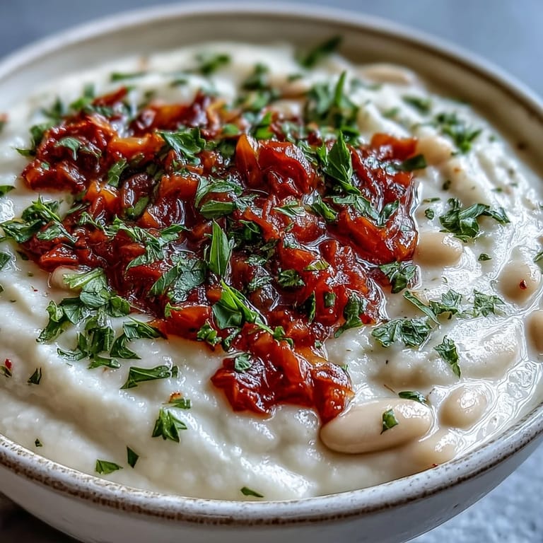 A steaming pot of white bean soup with tomato, featuring velvety blended beans and bright red tomato pieces, perfect for a cozy vegetarian meal.