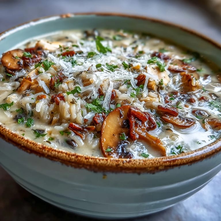A spoon dipping into creamy Parmesan Mushroom Chicken and Wild Rice Soup with tender chicken and earthy mushrooms.