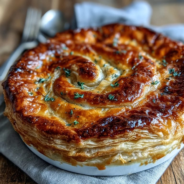 A close-up of golden-brown Chicken and Leek Pie revealing tender chicken, sautéed leeks, and a rich, creamy sauce inside.