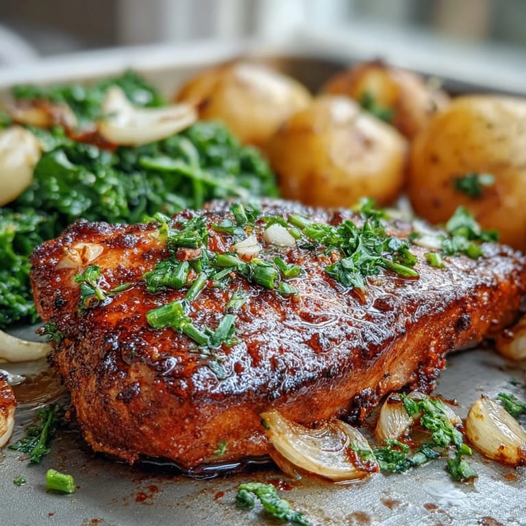 Savory Aleppo Pork Chops plated beside tender potatoes and wilted greens, perfect weeknight dinner.