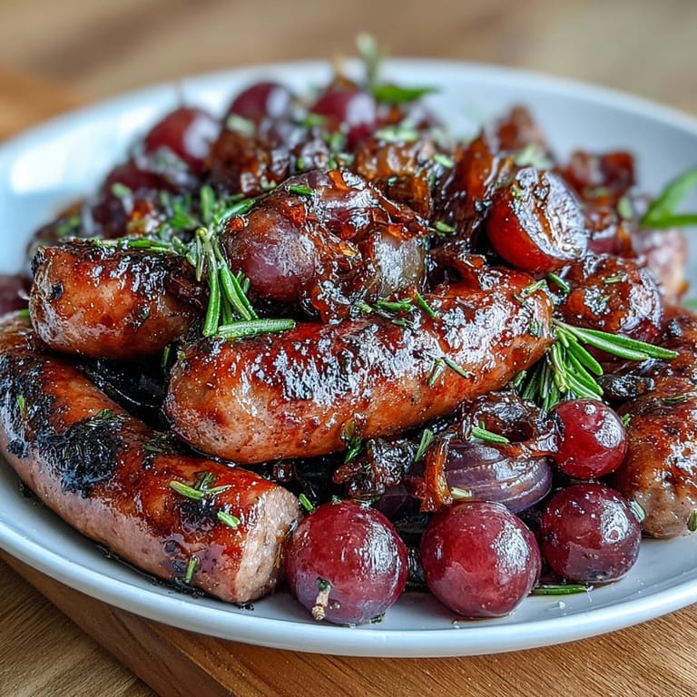 Savory Roasted Sausage and Grapes served on a platter with juicy grapes and onions, perfect with crusty bread.