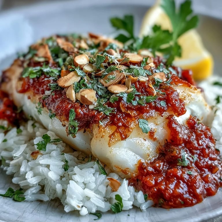 Crisp, toasted almonds scattered over tender cod in a zesty tomato sauce, plated beside fluffy ginger rice and bright lemon wedges.