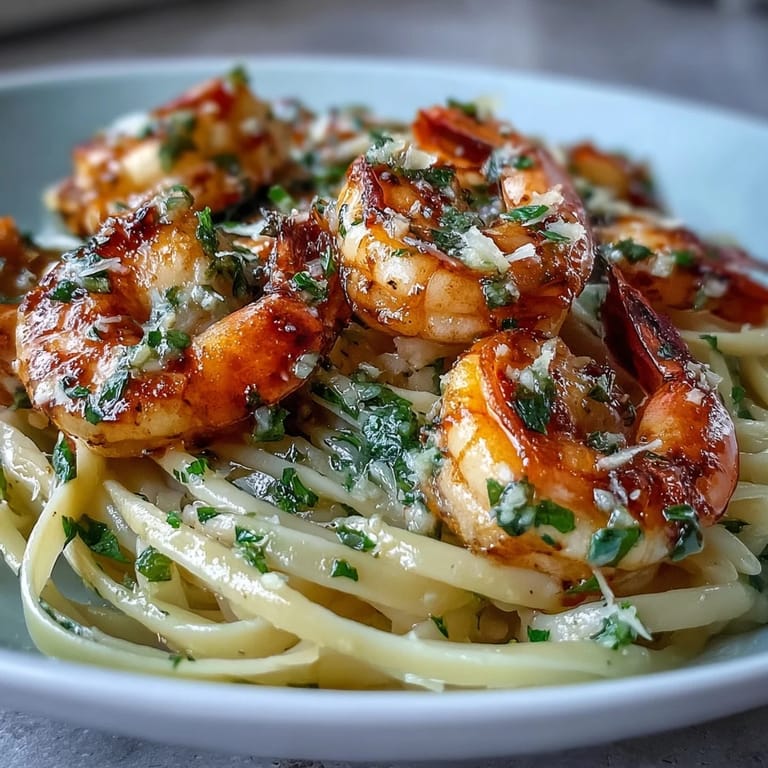 Tender shrimp tossed in a garlicky lemon-butter sauce over steaming linguine, garnished with parsley, served with lemon wedges for a quick 30-minute meal.