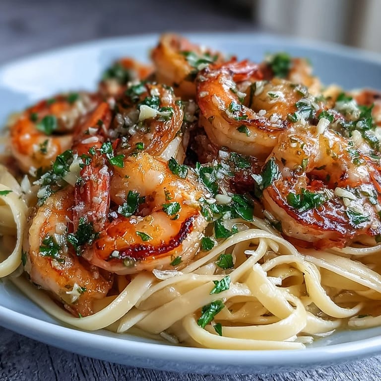 Close-up of succulent shrimp and linguine coated in a glossy white wine butter sauce with garlic and parsley, paired with a glass of Pinot Grigio.