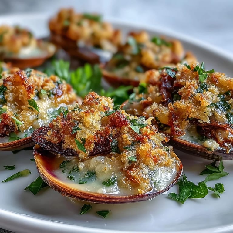 Roasted Clams With Lemony Panko on a baking sheet, ready to serve with lemon wedges and extra breadcrumbs for dipping.