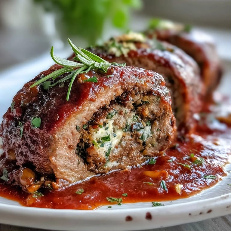 A sliced plate of Sicilian-Style Braciole reveals the juicy beef, pecorino cheese, and golden pine nut filling. It’s served over pasta with fresh basil.