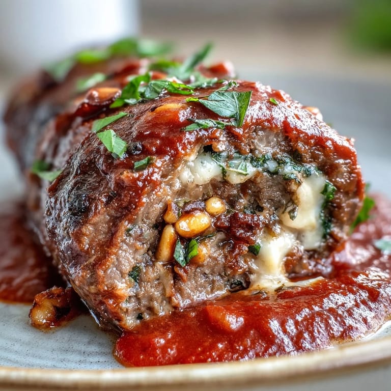 Close-up of the main dish, Sicilian-Style Braciole, displaying the tender meat rolled tight with raisins and herbs. Garlic and breadcrumbs add texture to the filling.
