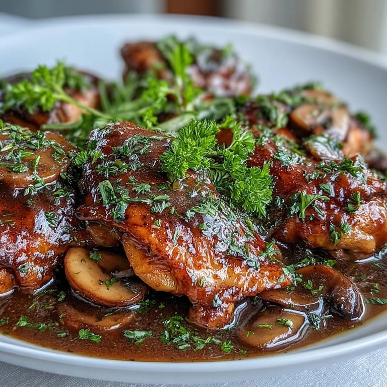 Pan-seared chicken thighs in a glossy Coq au Vin Rosé sauce, garnished with fresh parsley and thyme.