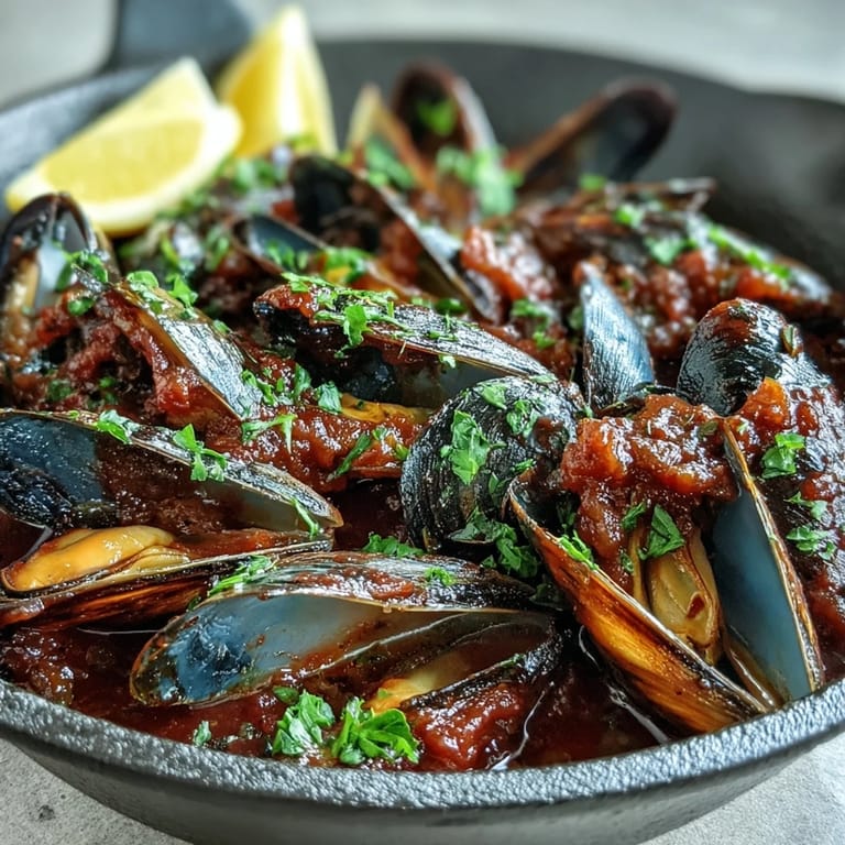 Freshly chopped parsley garnishes smoky mussels pomodoro served alongside crusty bread for dipping in sauce.