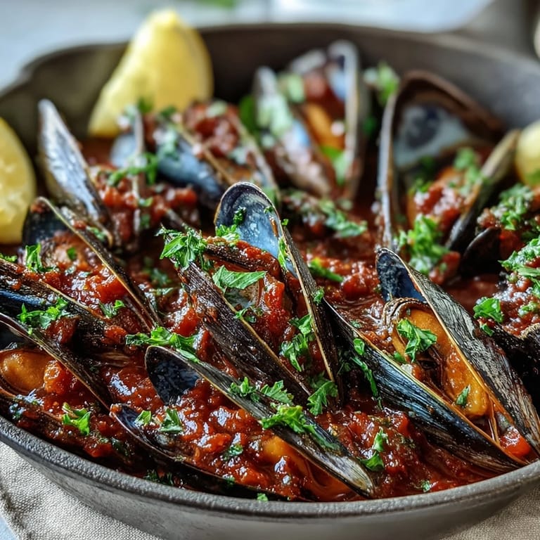 A close-up of tender smoky mussels pomodoro simmering in a rich, vibrant red tomato sauce.