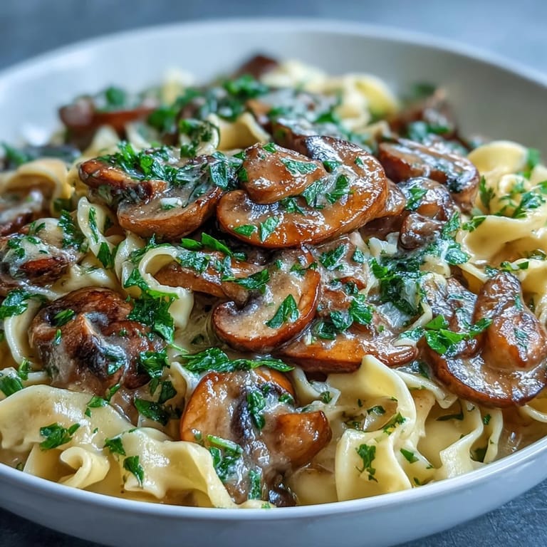 A generous bowl of Creamy Mushroom Stroganoff, ready to serve with a crisp salad or crusty bread for a comforting meal.