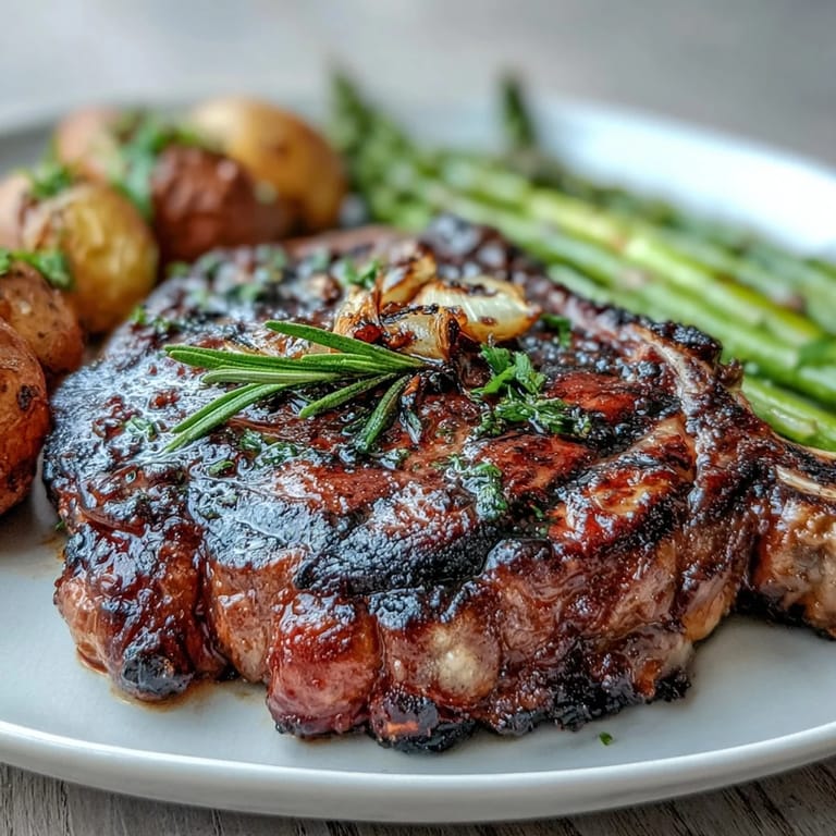 A charred, medium-rare bone-in rib eye steak sits next to grilled asparagus and lemon wedges on a wooden board.