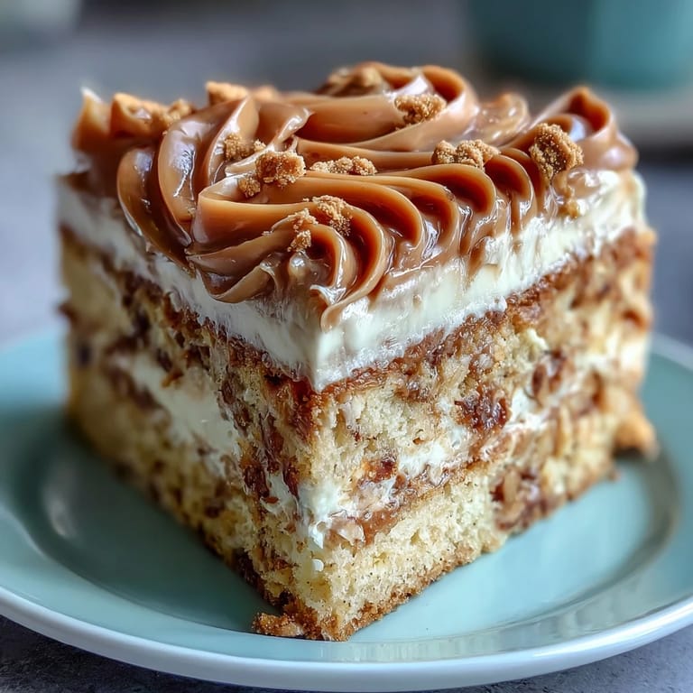 Close-up of Decadent Baked Biscoff Cake with Creamy Lotus Frosting, topped with extra crushed Biscoff biscuits and a caramel drizzle.