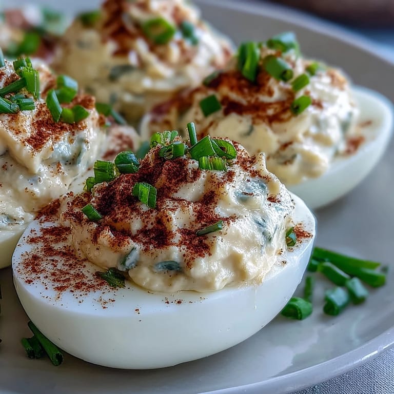 Close-up of Million Dollar Deviled Eggs, showcasing smooth, whipped yolk filling in crisp egg white halves, ready to serve chilled.