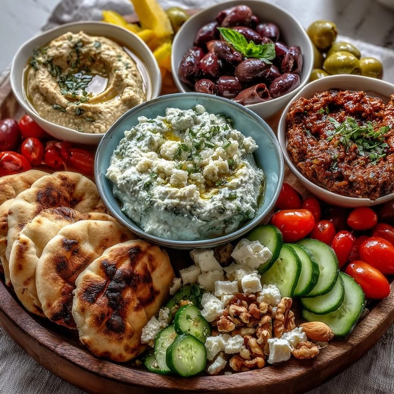 Colorful Mediterranean Brunch Board with Dips and Flatbreads offers crumbled feta, briny olives, and crunchy nuts arranged for easy sharing at brunch.