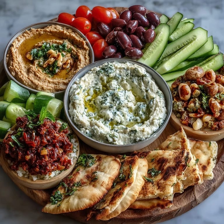 Mediterranean Brunch Board with Dips and Flatbreads is served with warm pita triangles, fresh herbs, and olive oil drizzle on a rustic board.