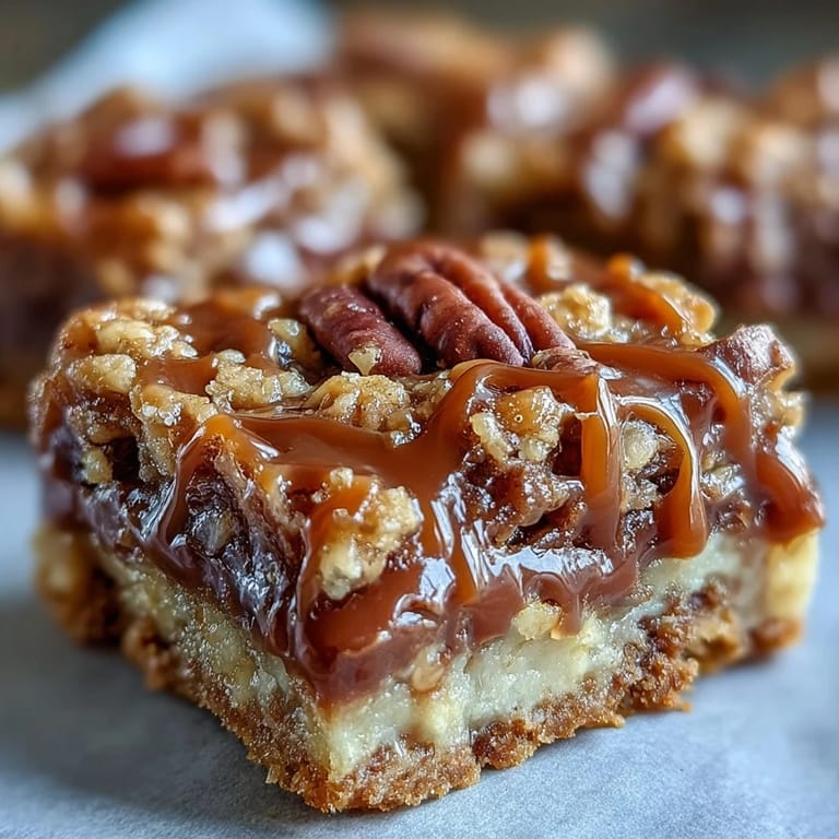 A close-up of Decadent Sweet and Chewy Turtle Bars with Chocolate and Caramel shows toasted pecans nestled in rich caramel and chocolate layers.