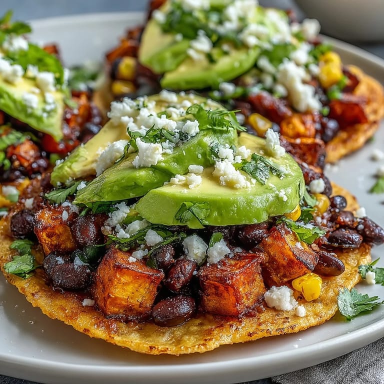 Freshly assembled Black Bean and Sweet Potato Tostadas topped with crumbled feta and cilantro, served on a bright ceramic plate for a vegetarian lunch.