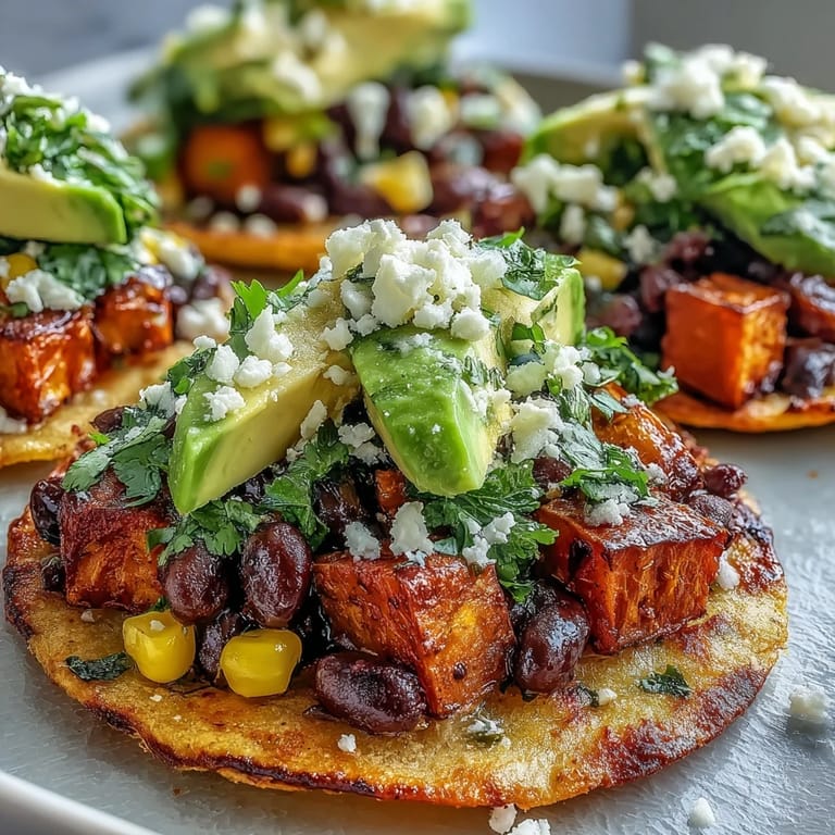 Crisp, gluten-free Black Bean and Sweet Potato Tostadas featuring caramelized sweet potatoes, creamy avocado, and black bean-corn mixture, ready to eat with hot sauce.