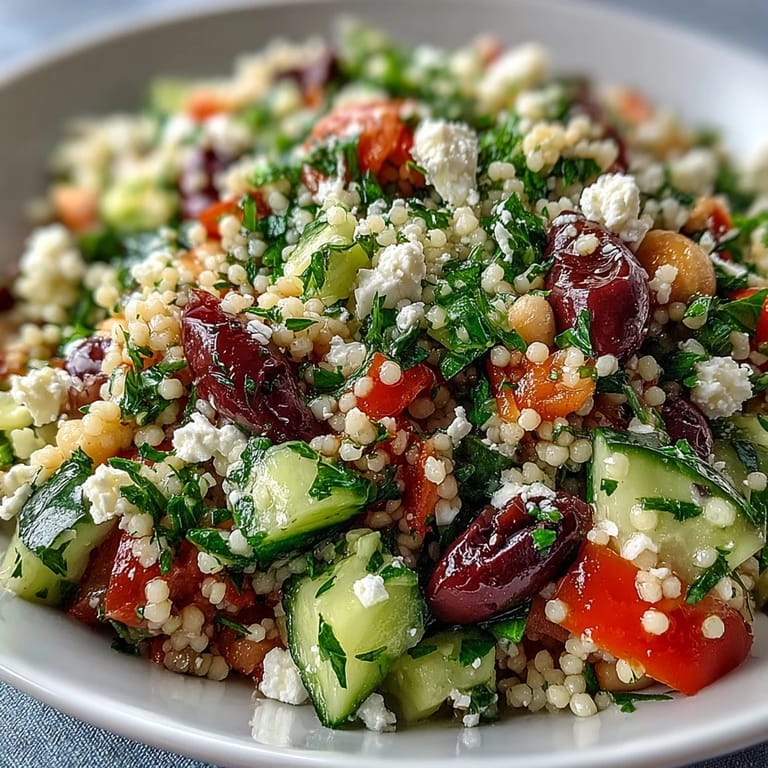 Tender Mediterranean Pearl Couscous salad with crisp cucumbers, bell peppers, and kalamata olives topped with crumbled feta and parsley.