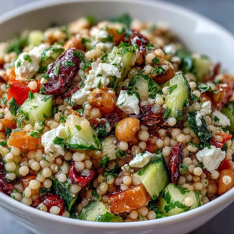 Freshly tossed Mediterranean Pearl Couscous with cherry tomatoes, red onion, and vinaigrette, served in a white bowl for a light lunch.