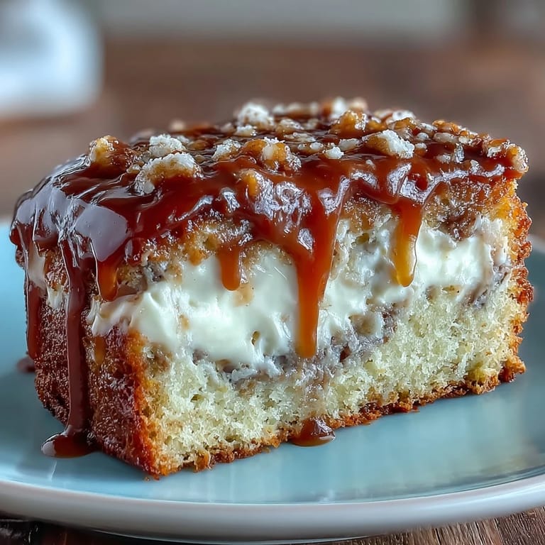 Thick slice of Caramel Cream Cheese Bread showing cheesecake-like center, gooey caramel ribbon, and moist crumb on a white plate.