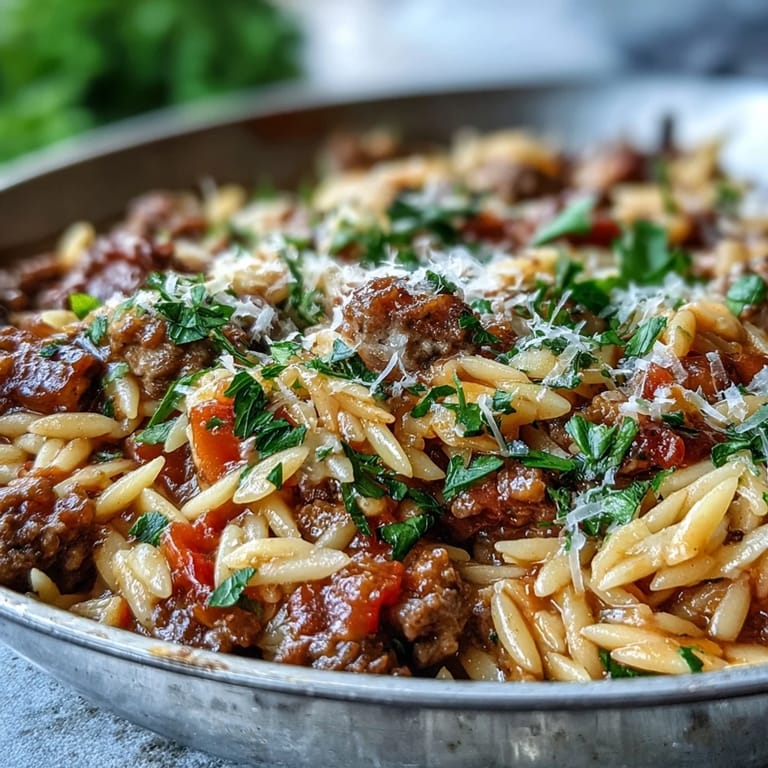Close-up of bubbling Comforting Ground Beef Orzo Dinner in a cast iron skillet, highlighting the savory textures and fresh herbs.