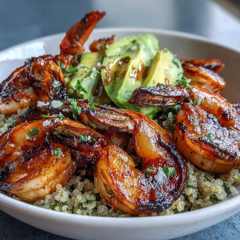 Zesty Mango Salsa crowns grilled shrimp nestled in creamy avocado halves and fluffy quinoa, with tangy lime chili sauce drizzled over the vibrant bowl.