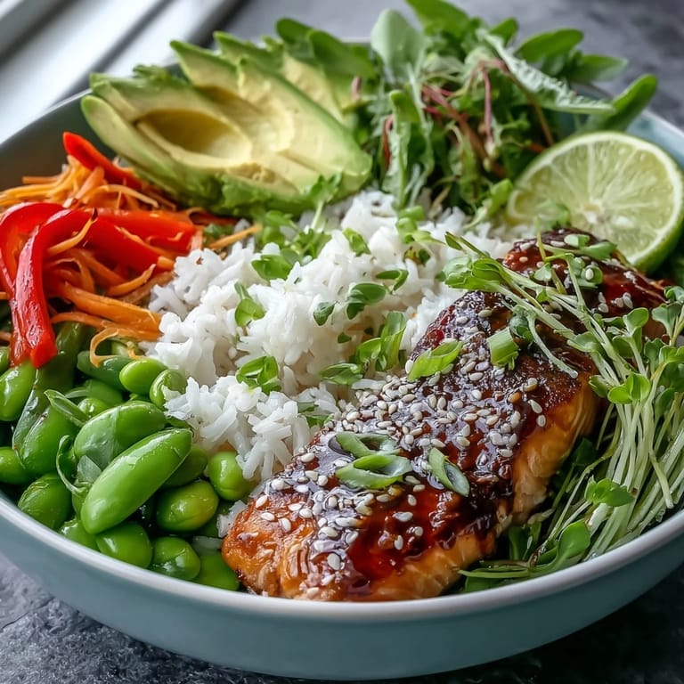 A close view of a Soy Ginger Salmon Bowl with jasmine rice, edamame, and lime.