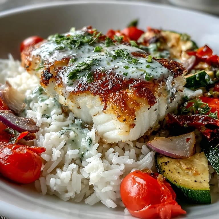 Golden pan-seared fish bowl with fluffy rice, colorful roasted zucchini, peppers, and tomatoes, finished with lemon sauce.