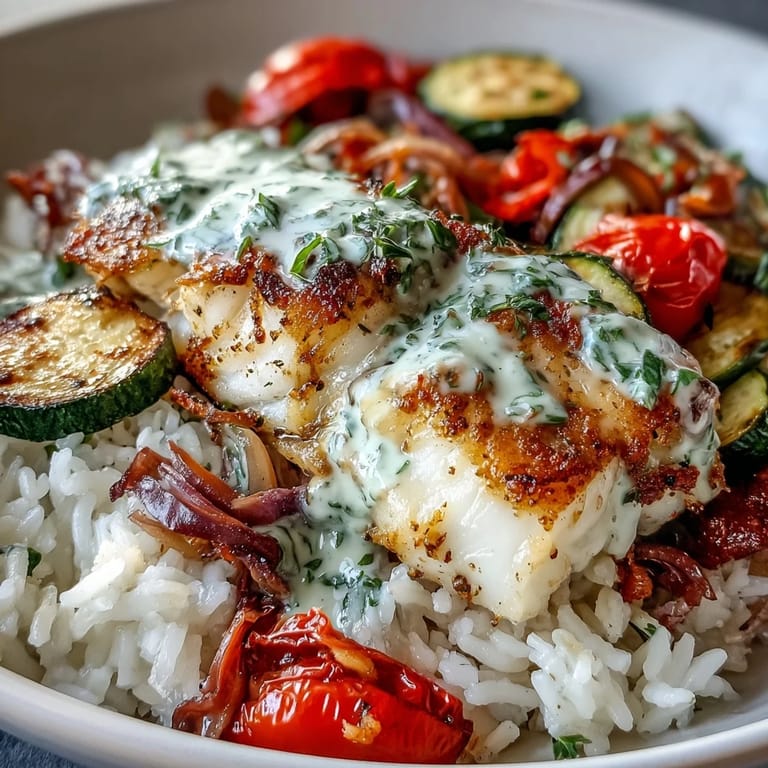 Healthy Pan-Seared Fish Bowl with white fish over rice, roasted veggies, and bright lemon drizzle, ready to serve.