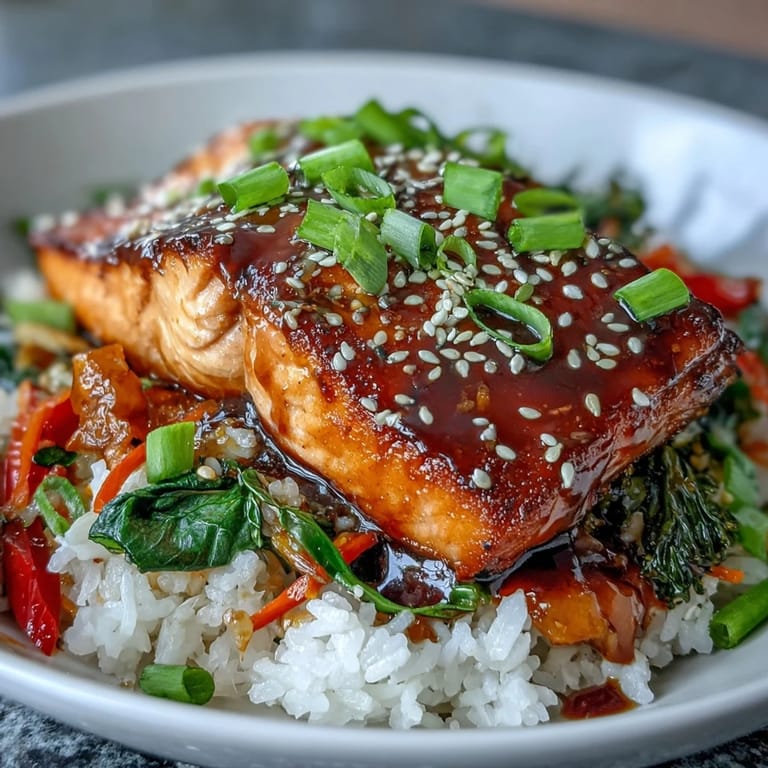 A close-up of a Teriyaki Salmon Bowl shows colorful bell peppers and broccoli alongside tender fish topped with sesame seeds.