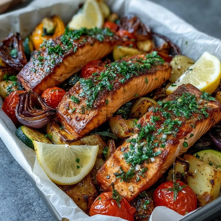 A close-up of the finished Sheet Pan Salmon and Veggies Bowl, flaky fish and tender veggies topped with fresh parsley.