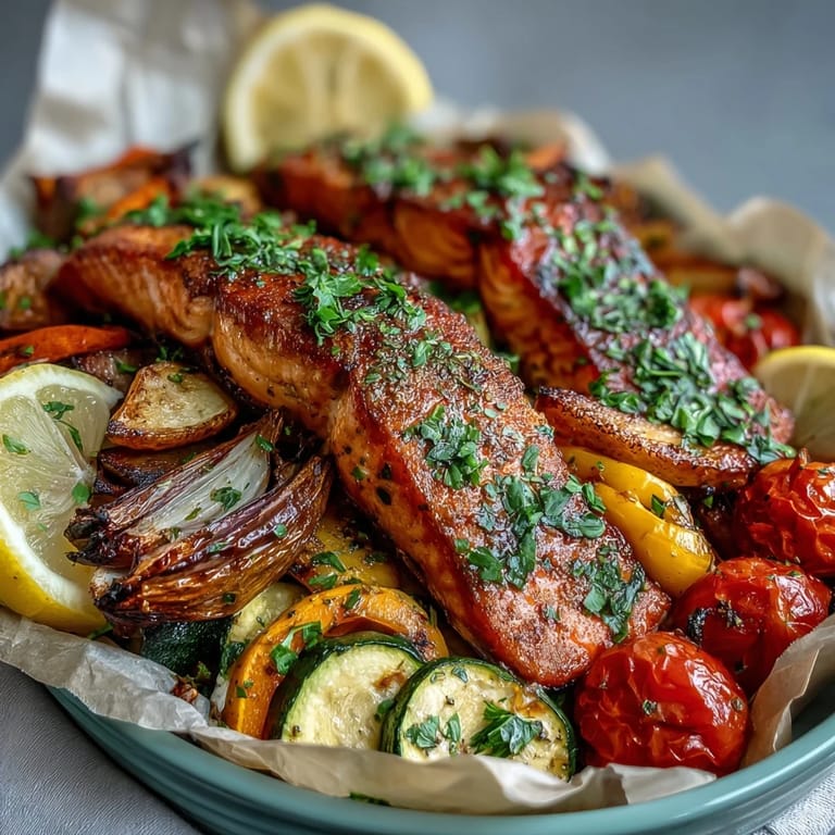 Healthy gluten-free Sheet Pan Salmon and Veggies Bowl served with lemon wedges, ready for a quick family dinner.