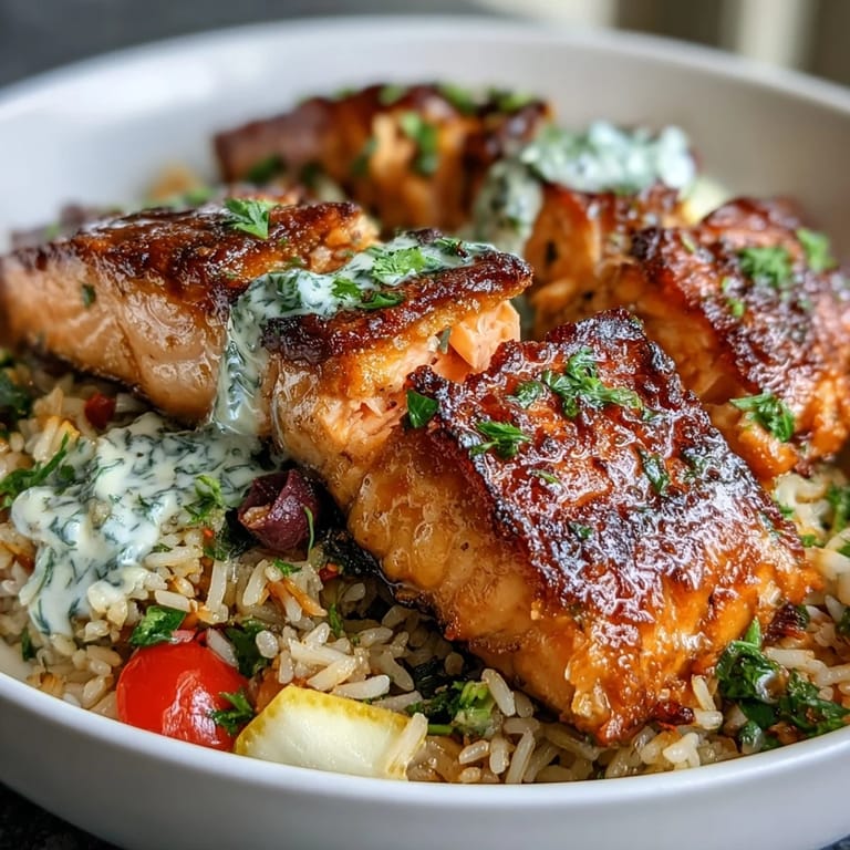 A vibrant Crispy Rice Salmon Bowl with zesty lemon-yogurt sauce, olives, and fresh herbs.
