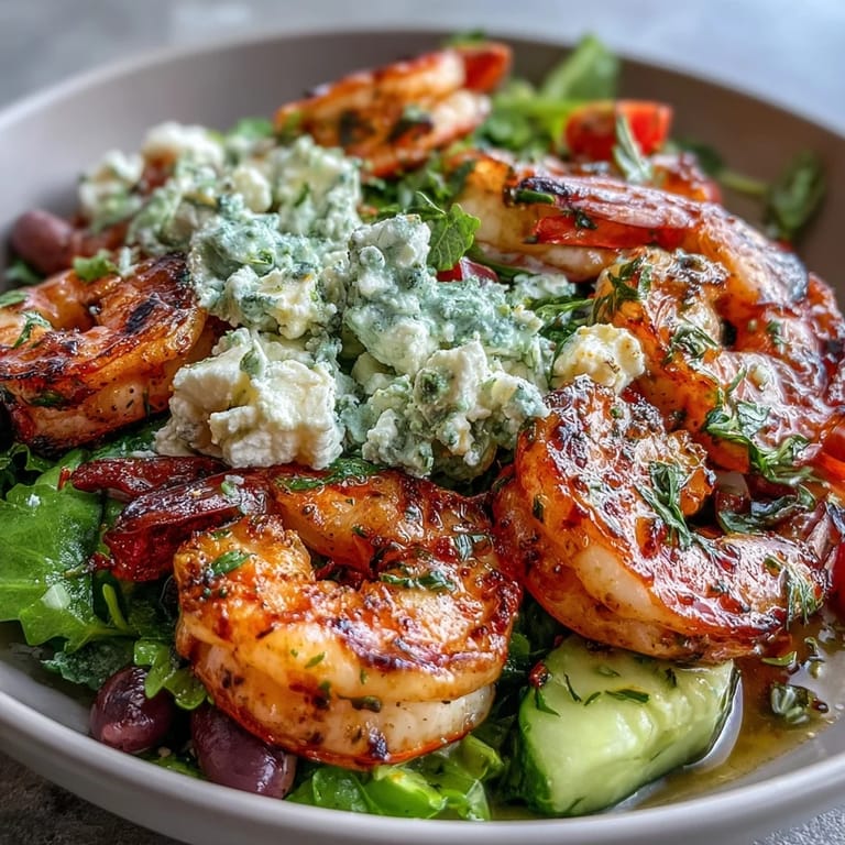 A vibrant Greek Shrimp Bowl featuring juicy tomatoes, crisp cucumber, and zesty lemon dressing.