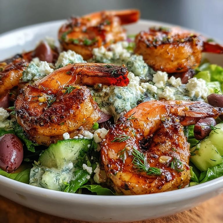 A platter of Mediterranean Greek Shrimp Bowl with charred shrimp and a lemon-olive oil drizzle.