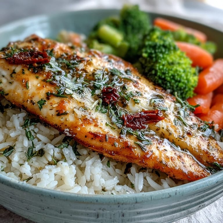 Herb-crusted tilapia over steamed broccoli and fluffy rice for a wholesome gluten-free meal.