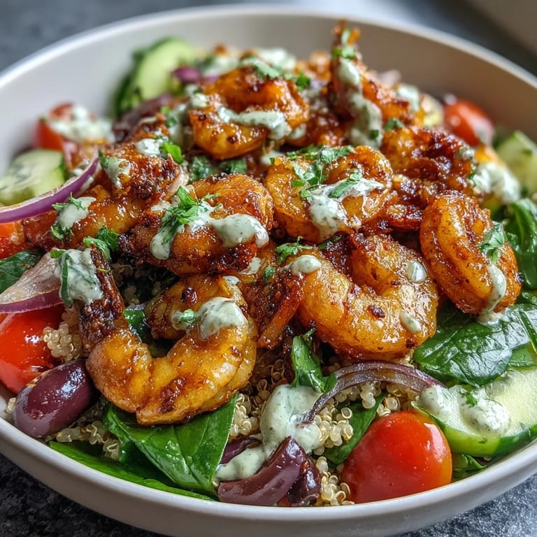 Golden seared shrimp over a Mediterranean bowl with cucumbers, tomatoes, olives, and lemon.
