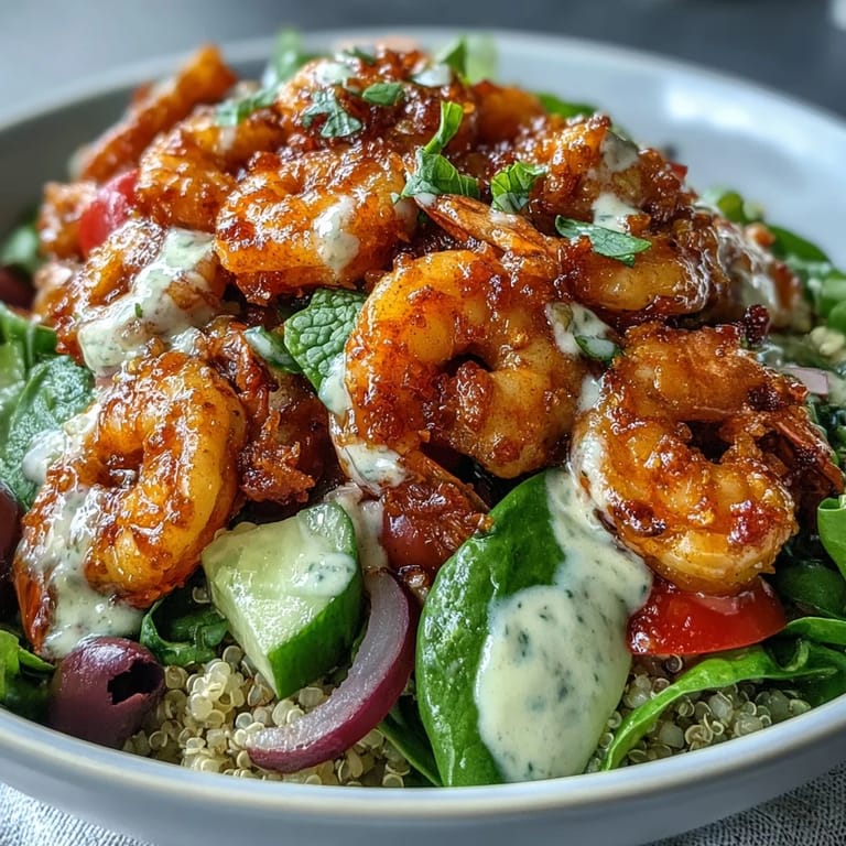 Healthy Mediterranean Shrimp Bowl topped with parsley, drizzled tahini, and lemon wedges.