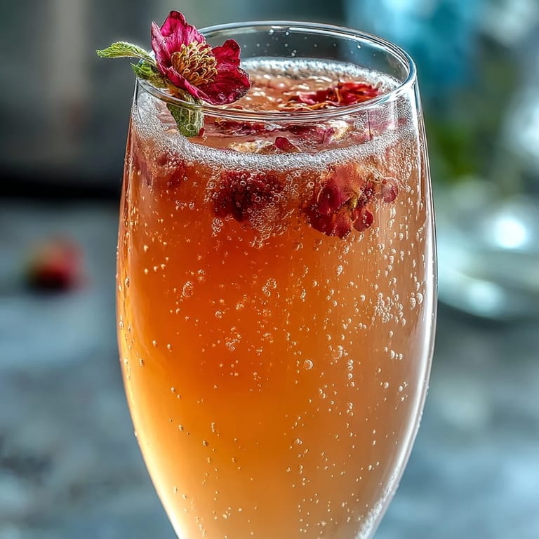 Crisp champagne topping vibrant Elderflower Guava Mimosa in elegant flutes at brunch.