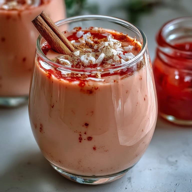 Overhead view of creamy Guava Coquito in a glass bottle, showing the smooth, pinkish-beige texture of the blended drink.