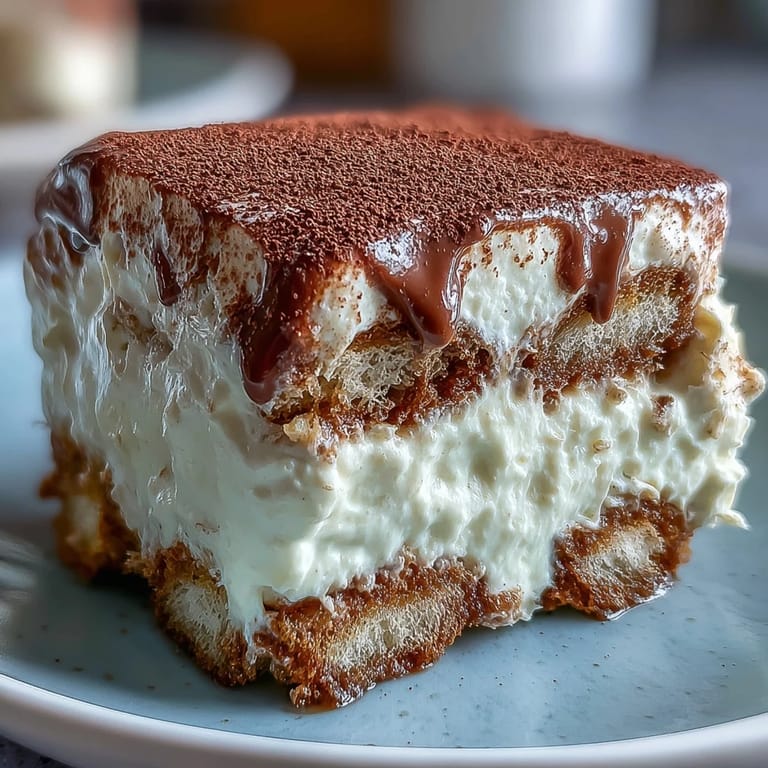 Close-up of creamy Hojicha Tiramisu in a glass dish, ready to serve for dessert.