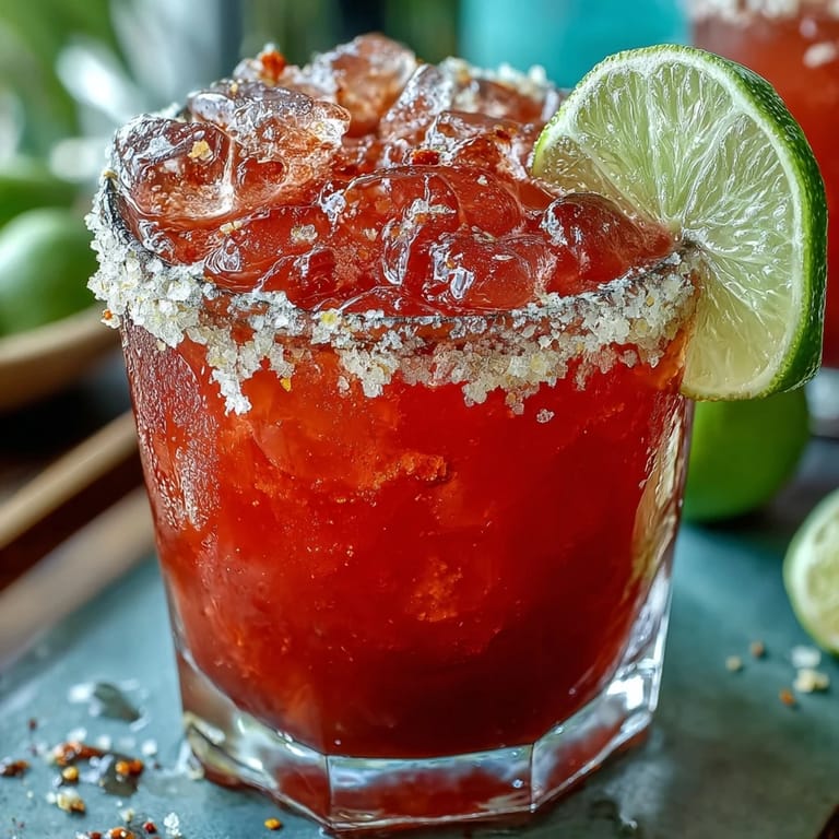 Two vibrant guava margaritas over ice with Tajín rims at a sunny summer gathering.
