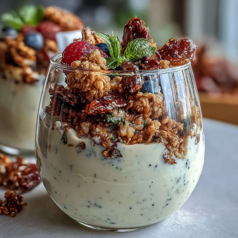 Close-up view of a Hojicha Panna Cotta Parfait in a glass, showing smooth tea layers topped with juicy blueberries and toasted oats.