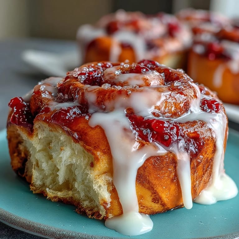 Gooey Strawberry Cinnamon Rolls are pulled apart to reveal layers of tender brioche dough and jam.