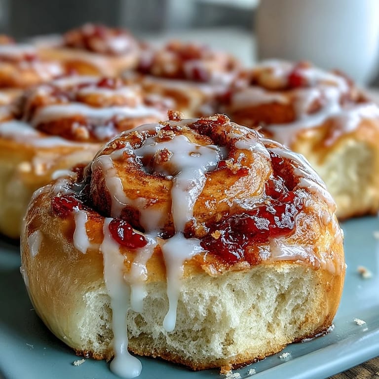 Warm Strawberry Cinnamon Rolls are drizzled with pink cream cheese icing, perfect for a sweet breakfast.