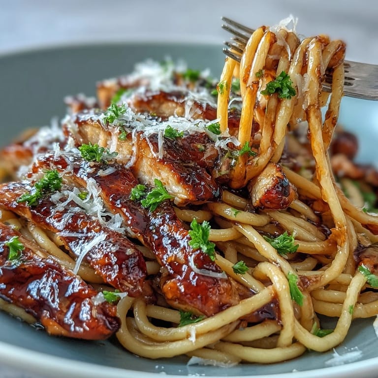 Topped with fresh parsley and Parmesan, this Sticky Honey Garlic Chicken Pasta is perfect for weeknights.