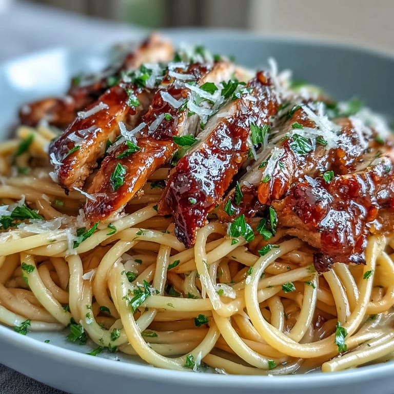 Sliced chicken breasts and spaghetti tossed in glossy, savory-sweet sauce, ready to serve with wine.